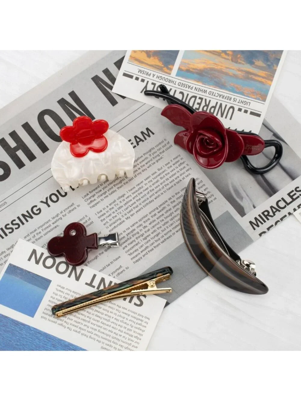 5Pcs Rose Flower Hair Clip Set - Strong Hold Claw Clips for All Hair Types